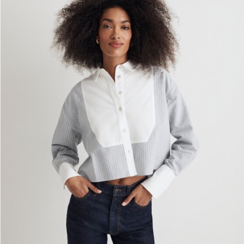 NWT Madewell Gray and White Striped Cropped Tuxedo Shirt Size L